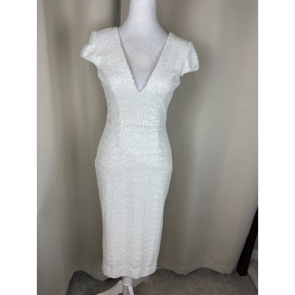 Dress The Population White Sequin Midi Dress Cap Sleeve XS